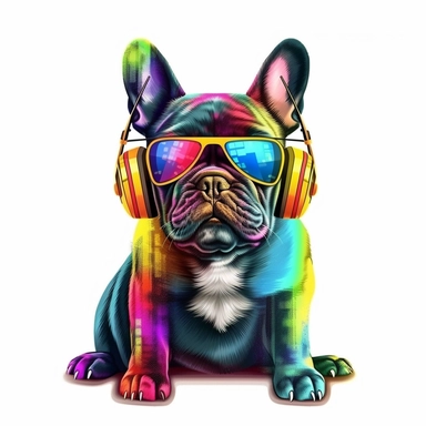 french bulldog, transparent backround,clipart,4k hd,full body,differend positions ,headphone,sunglasses, really really colorful