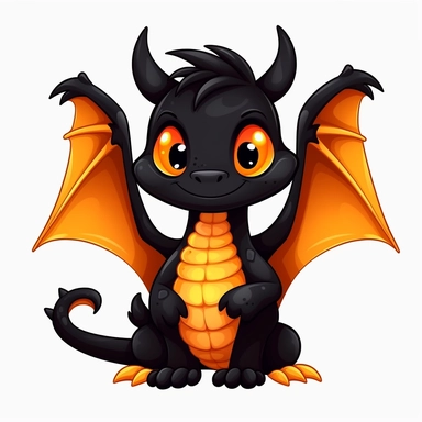cute cartoon black and orange dragon clipart, white background,--no cut-off edges