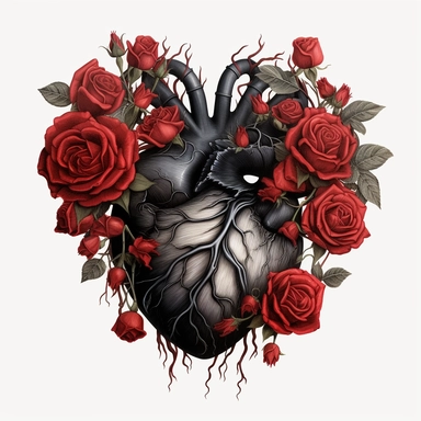 anatomical black heart with red roses clipart, white background