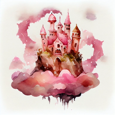 A Pink Fairy Tale Castle on cloud dream illustration, Watercolor clipart, details