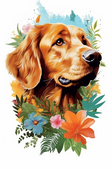 white background, dog, 3d, super closeup, sticker, photorealistic, artwork of t shirt graphic of majestic forest, in digital painting style , beautiful flowers, sunset mountains and clouds , big vines, plants sorround, highly detailed clean, vector image, photorealistic masterpiece, professional photography, realistic, flat white background, isometric, vibrant vector, clipart, illustration, realism, 4k, , cinematic, front view, paradise, extremely white background