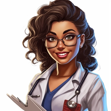 UHD, 8k, illustration postcard, cartoon clipart of an RN with a stethoscope around her neck, holding a clipboard, epic facial expression, up-close, isolated on a white background, aspect 7:4