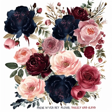 Create an enchanting collection of ultra-detailed watercolor floral clipart, showcasing a mesmerizing color palette of navy, burgundy, and blush. The clipart should capture the richness and depth of these tones, evoking a sense of sophistication and romance. Incorporate a variety of floral elements, including roses, peonies, and other elegant blooms, each meticulously painted to emphasize their unique textures and intricate details. Design the clipart with a focus on wedding themes, allowing for