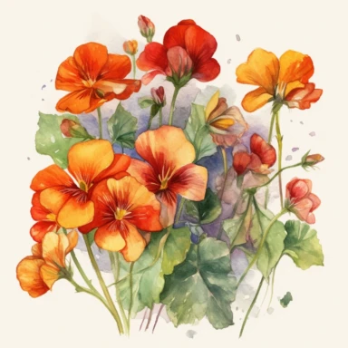 watercolor illustration of Nasturtiums flowers, watercolor clipart, watercolor splashes, spring boho vibes, 4k uhd, realistic floral portrait, white background