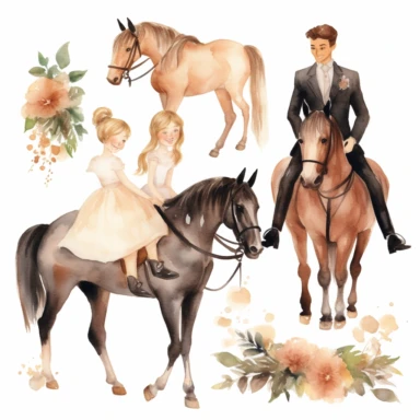 Very cute wedding illustrations clipart set, newlyweds riding a horse, on a white background separate elements with a margin, watercolors, husband and wife on their wedding day riding a horse together, love