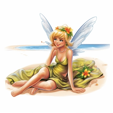 a beautiful happy fairy lying on a beach towel, tanning on the beach, clipart, white background
