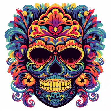 isolated flat clipart on a white background of a spooky day of dead themed voodoo mask tshirt design graphic, in the style of daniel f. gerhartz, transcendent, nikon d850, art of burma, captures the essence of nature, in the style of organic forms and patterns, expansive skies, hyper-detailed illustrations, i can't believe how beautiful this is, lively colors