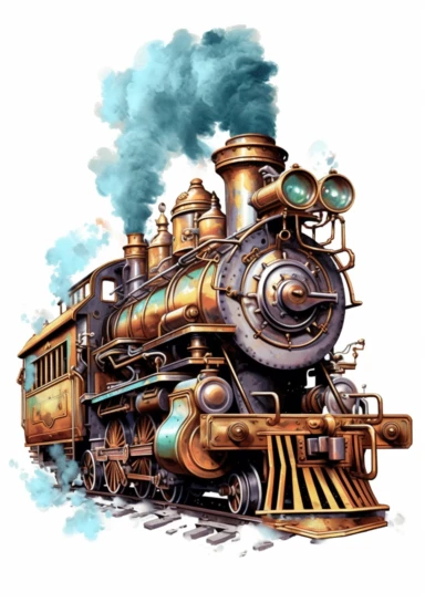 Locomotive Steampunk, big beautiful locomotive, bursting with steam, Steampunk Clipart, Retro Futuristic, Victorian Era Art Print, colorful, details, high quality 8K, white background