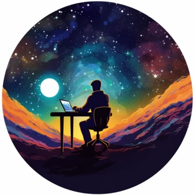a clipart style image showing an aerial, circular view of a single human figure sitting at a desk and using a computer. The background is a galaxy starscape