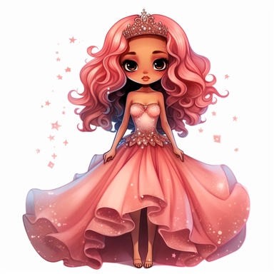 A cute detailed black girl in chibi style, Jasmine Becket - Griffith style, watercolour illustration clipart with real glitter detail, wearing a beautiful pink full length ballgown style dress, the girl has long red hair, the girl has blue eyes, full body image, with feet isolated on a white background,