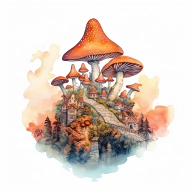 mushroom city in the clouds at sunset. white background. clipart. watercolour