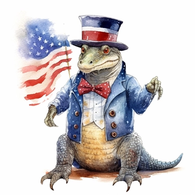 full perspective, watercolor american patriotic alligator wearing a hat clipart illustration, centred, vibrant colors, add the flag, on a white background, no watermark, no logo, no writing