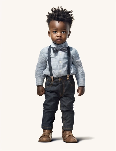 hasselblad 24 mm full body shot of a gorgeous african american baby boy very well dressed with Blue Eyes, clipart, Composition: Relaxed position with intricate high hairstyle, smiling, Style: Solarpunk, white background, hyperrealism, 32k