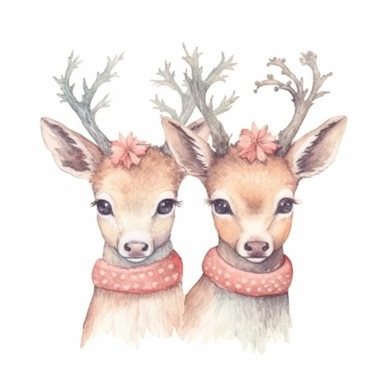 cliparts of deers with christmas hats, vintage illustration, pastel colors, in Pierre Redouté style, isolated on white background