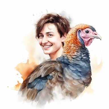 Adorable pet Turkey having happy moment with it's human owner, water color style, clipart, white background