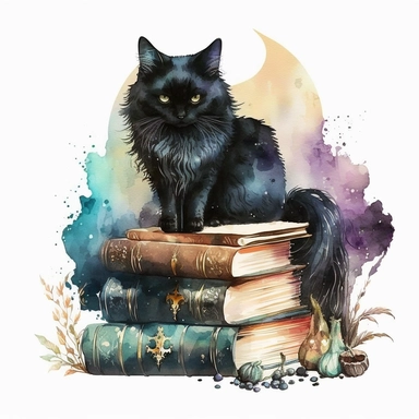 Watercolor Gothic Witch Clipart, fluffy black cat sitting on the vintage books, white background