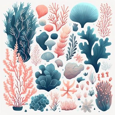 corals clipart, in the style of muted and subtle tones, cartoon, close up, booru, wimmelbilder, hand-painted details, charming characters, thick texture, blue hues