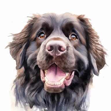 close up high detailed, Hand drawn watercolor clipart of a cute Newfoundland dog excited to greet owner, on a white background