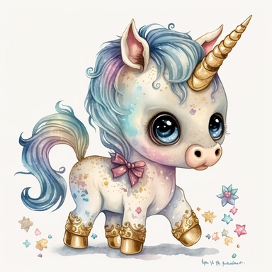 fantasy baby unicorn, clipart watercolor illustration, aquarallist, cute, big eyes, pretty blue, unicorncore, fairycore, free brushwork, watercolor, light and bright, four legs, gold horn, sparkle, skarklecore, detailed, isolated on a white background,