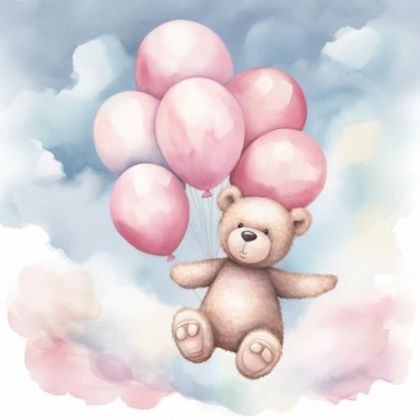 clipart, a whimsical illustration of a contented, loving and angelic baby teddy bear, holding balloons, floating on a cloud, surrendered by pink fluffy clouds, Use a smooth and light watercolor technique to give the artwork a dreamy and ethereal quality
