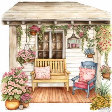 Watercolour clipart of a cozy and inviting cottage porch in the summertime, perfect for sipping lemonade and enjoying the warm weather. white background, The cottage is adorned with blooming flowers, hanging baskets, and charming decor, all painted in soft and warm hues to give a truly cozy and welcoming feeling. The porch has a comfortable seating area, complete with a rocking chair and fluffy cushions, as well as a cute little table to hold a vase of freshly picked flowers, png, 8k