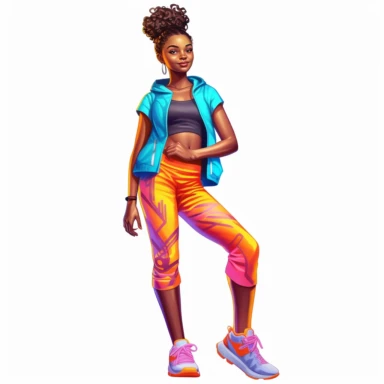 beautiful black teenage girl with beautiful pinned up hairstyle, dressed in bright colored fitness attire. Full perspective and, long shot A young black woman with full lips and a big beautiful smile, dressed in a jogger, has pinned up hairstyle and beautiful shapely legs, wearing sneakers, clipart in the style of digital airbrushing, feminine sticker art, dollcore, realistic face, realistic body, glamorous,