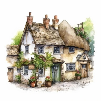 a quaint old english village, white background, clipart, watercolor style--q2--v5.1