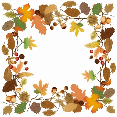 Create Separate Single Clip Art, Simplistic, Thick Natural Branches with Fall Leafs and Acorns AS a full Picture frame, Isolated and separated on WHITE Background, 2D, vector flat, clip art, No Gradients