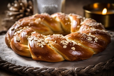 a beautifully braided white Swedish tea ring, adorned with pearl sugar and delicate almond flakes, Its softness is evident as you tear off a piece, releasing the irresistible aroma, Soft morning light dances on the table, enhancing the bread's intricate shape and highlighting its golden crust, Photo clipart, super detail, vignetting, shot with Nikon D3000,