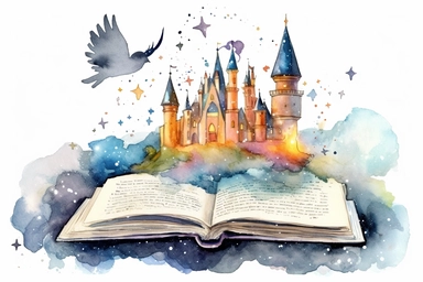 An old fantasy book clipart on a white isolated background, presenting a fantastical world where imagination knows no bounds. The dark sky is scattered with twinkling stars, while a mesmerizing moon casts its ethereal light on a majestic castle. Colorful birds, each with their own magical attributes, flit through the air, bringing the scene to life like emotive watercolors. The image seamlessly blends elements of nature's wonder, with vibrant shades of red, yellow, green, light brown, and purple