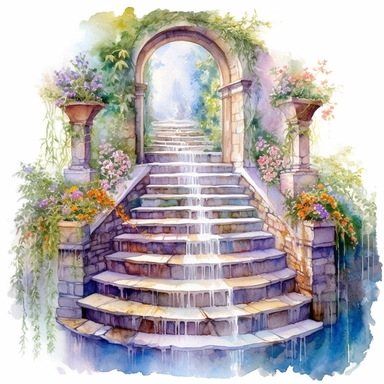 clipart, watercolor stair leading toward a waterfall, in the style of intricate, delicate flower and garden paintings, stone, rough clusters, small brushstrokes, arched doorways, colorful gardens, white background