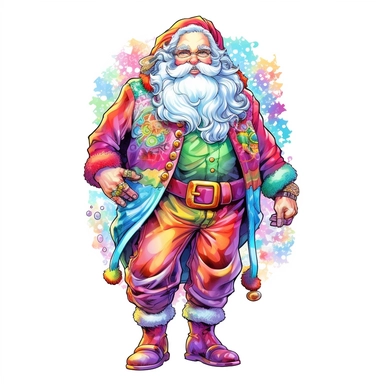 Full body of Santa Claus, style by Lisa Frank, watercolor, smooth gradients, black contour outline, ultra detailed, clipart elements, vibrant colors, solid white background, super clear, high quality
