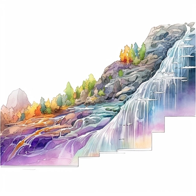 curved holographic waterfall with multiple paths. Watercolor Clipart. watercolor clipart. normal lighting to make the scene come to life. The colors should be life-like and artsy, giving the waterfall an ethereal quality. The composition should showcase the best view of the scene. Please ensure that the watercolor art style does not cause confusion with the actual water in the scene, as the water is holographic.