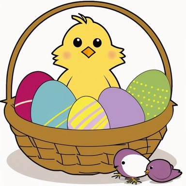 cartoon style, cute, happy, Easter bunny, chick, basket, easter eggs , no description, clipart