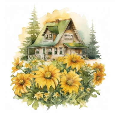 Chrysanthemum Chalet - From the Whimsical Botanical Dwellings collection, this watercolor clipart depicts a charming chalet made from Sunflower Yellow chrysanthemums and Fern Green leaves. This cozy mountain dwelling stands out from the white background, showcasing the cheerful yellow and lush green colors.