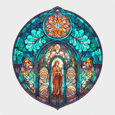 an intricate stained glass window design clipart, in the style of pastel gothic, #screenshotsaturday, reimagined religious art, islamic art and architecture, watercolor illustrations, cyan and amber, no background