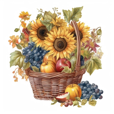 a bouquet of sunflowers and fruits in a Cornucopia, in style of watercolor clipart, high detail