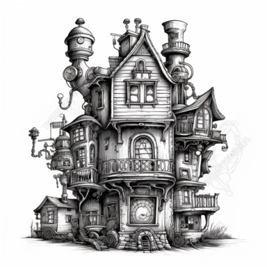 scary horror Steampunk one house Clipart, Retro Futuristic Victorian Era Art, white background
