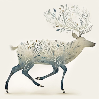 in the style of Ryo Takemasa, xuan loc xuan, Lisa Audit, Anastasia Suvorova, Jon Klassen, greg tocchini, separated isolated single of magical deer with flowers bursting out from it's huge antlers, fantasy, limpid, magical, cute, cozy, white background, vector, clipart, elaborate, ultra-detailed, best quality illustration, well composed, vibrant colors, high definition, UHD