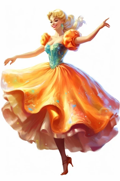 Clipart style, one isolated full-body figure of Cinderella, dancing or standing or laughing, kind cartoon characters, highly detailed but for kids, oil painting style with pall point pen accents, volume and bright colors, white background