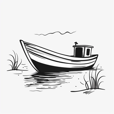 simple clipart of boat, 1,5px thick black lines, white neutral background, clean line art, simple