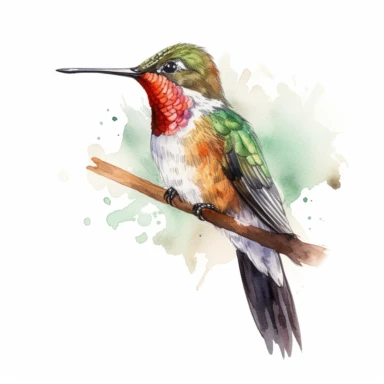 humming bird standing tree, water color style, clipart, white background