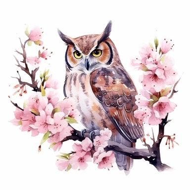 Design a whimsical, watercolor-style clipart featuring a Great Horned Owl sitting contentedly on a branch laden with cherry blossoms. The owl should be gazing at a firefly, with the glow from the firefly reflecting in its eyes. Utilize watercolor's natural fluidity to evoke the tranquillity and softness of a spring evening