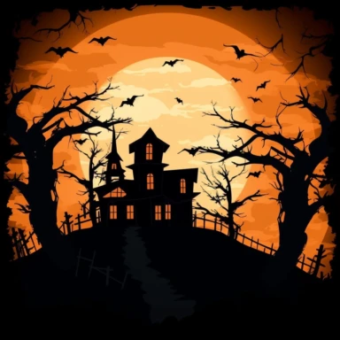 clipart, A spooky silhouette of a haunted house surrounded by eerie trees and glowing pumpkins. The house should have glowing windows, and the trees should have neon-colored leaves. The overall atmosphere should be mysterious and haunting. Camera setup: Low-angle shot with a wide-angle lens to capture the grandeur of the house. Use a tripod and long exposure to enhance the glowing effect