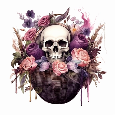 Gothic style flower arrangement in the magical basket with watercolor effect,suitable for digital clipart,white background,gothic scene,gothic colors,twinkles , gothic little skulls,little eagle Clipart ,Cartoon,hyper realistic, intricate detail, illustration style,high solution,on the white background
