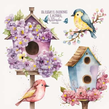 Watercolor Bird Houses Clipart - springtime cute birdhouses and blossoms