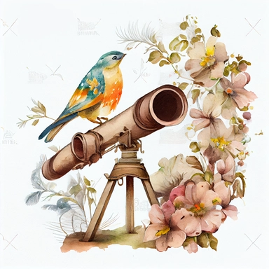 old astronomical telescope ( a little floral, bird on it) watercolor clipart