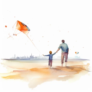 fathers day, water colour clipart, father and son, fly kite in beach, white background