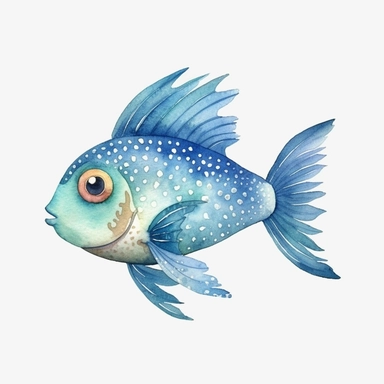 watercolor fish, baby fish clipart, in the style of light indigo and beige, elsa beskow, animated gifs, kinuko y. craft, animal figurines, dotted, mural painting