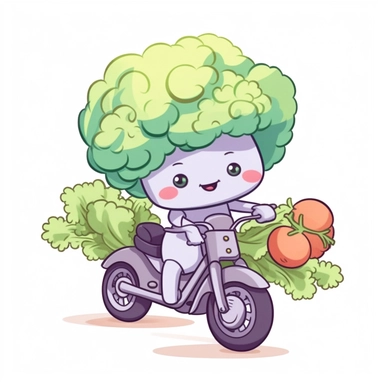 Create a clipart of a cute vegetable broccoli riding a motorcycle. Pastel colors. Kawaii style. White Background, soft lighting.